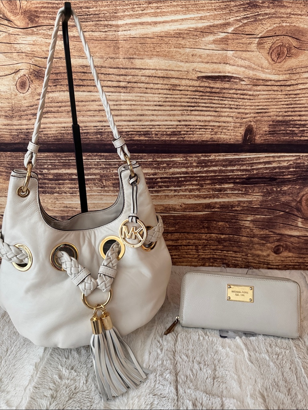 Michael Kors Cream Leather Shoulder Hobo with Tassel and Wallet